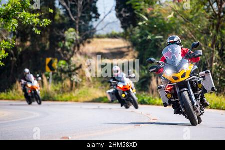 group of friends on motorbike trip in the north of Thailand Stock Photo