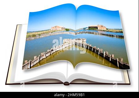 The Comacchio valleys (Italy), italian UNESCO protected area, are known worldwide for eel fishing - photobook concept image Stock Photo