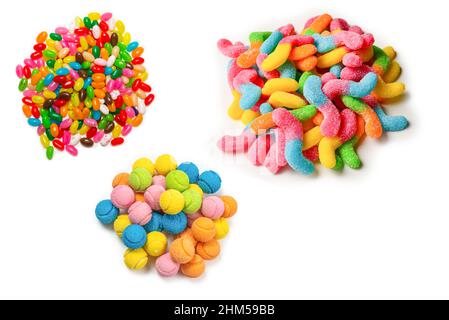 Colorful jelly beans isolated on white. Top view. Stock Photo