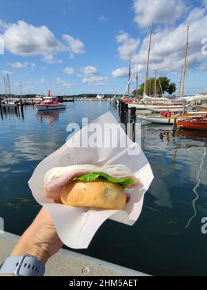 Close up photo of hand holding bun with fish and onion, traditional north german healthy fast food with rural bucht on background Stock Photo