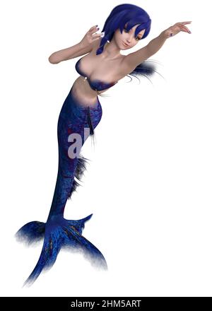 Cartoon anime style mermaid girl with blue tail and hair, 3D Illustration. Stock Photo