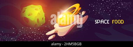 Space food poster with fried egg and piece of cheese in cosmos. Vector banner with cartoon funny illustration galaxy background with stars and planets in shape of food Stock Vector
