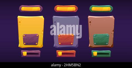 Wooden boards on gold, silver and bronze panels for ui game. Vector cartoon set of metal banners, golden menu buttons and wood sliders for mobile game. Gui elements isolated on dark background Stock Vector