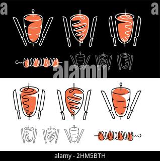 Kebab icon set in linear style. Fast food emblem vector illustration Stock Vector