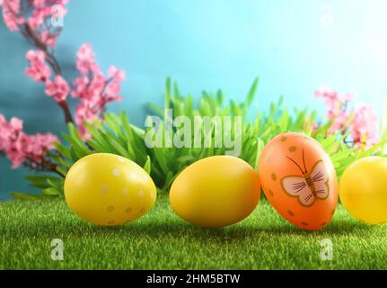 Easter eggs on green grass on blue background. Easter card. Stock Photo