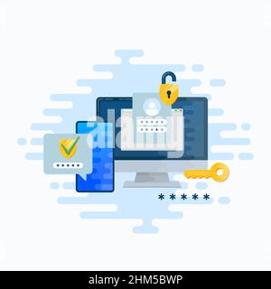 Two factor autentication security illustration. Login confirmation notification with password code message. Smartphone, mobile phone and computer app Stock Vector