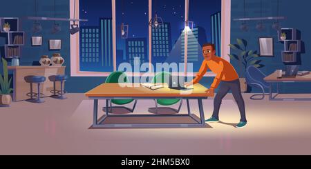 Man work late until night in office. Concept of overtime job, deadline or workaholic person. Vector cartoon illustration of workplace interior with laptop and notebook on desk and employee Stock Vector