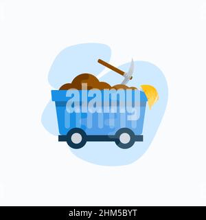 Mining vector icon. Flat style cart with ore rocks, pickaxe and yellow hardhat helmet Isolated Stock Vector