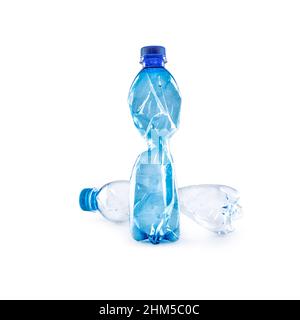 Plastic pet bottles used on a white background. Stock Photo