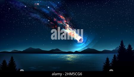 Falling comet in the night blue sky Stock Vector
