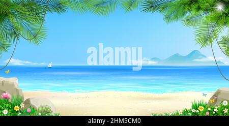 Wide tropical beach banner background and palm Stock Vector