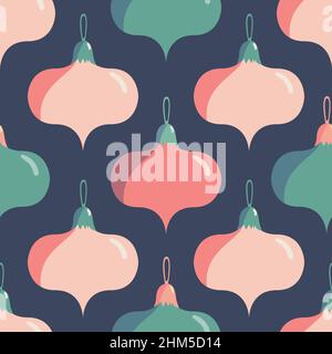 Simple bauble vector pattern seamless background. Pink and blue hanging baubles loops on indigo backdrop. Three dimensional shading effect. Geometric Stock Vector