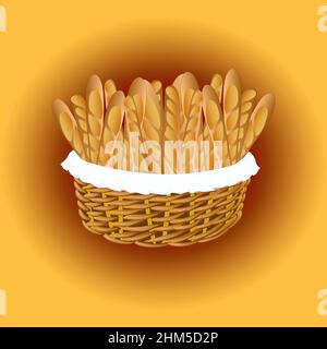 Baking basket. Fresh baguette, kitchen lunch products in a basket vector Stock Vector