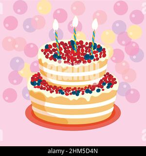 birthday cake with candles, pink background with soap bubbles Stock Vector