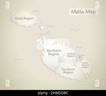 Malta map, Current regions with names, old paper background vector Stock Vector