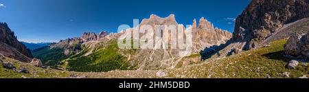 Panoramic view of Rosengarten group with Cima Catinaccio (middle), Torri di Vajolet (right in the distance). Stock Photo