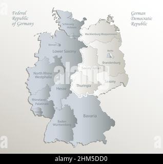 Germany map divided on West and East map, administrative division with names, white blue card paper 3D vector Stock Vector
