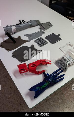 3D Printed plastic arm and hand prosthesis pieces at Zaragoza MakerSpace Stock Photo