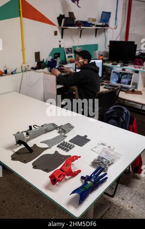 3D Printed plastic arm and hand prosthesis pieces at Zaragoza MakerSpace Stock Photo