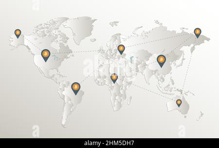 World map, bitcoin network and location pointer, separates states, card paper 3D natural vector Stock Vector