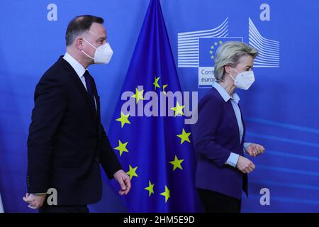 Brussels, Belgium. 7th Feb, 2022. European Commission President Ursula von der Leyen meets with Polish President Andrzej Duda in Brussels, Belgium, Feb. 7, 2022. Credit: Zheng Huansong/Xinhua/Alamy Live News