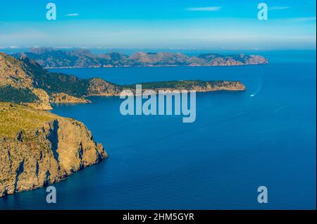 Aerial view, Cap de Pinar peninsula, restricted area, s'Esgleieta, small bays, bathing bay, wild nature, Son Espanyol, Mallorca, Balearic Island, Bale Stock Photo