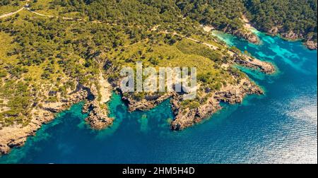 Aerial view, Cap de Pinar peninsula, restricted area, s'Esgleieta, small bays, bathing bay, wild nature, Son Espanyol, Mallorca, Balearic Island, Bale Stock Photo