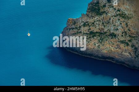 Aerial view, Cap de Pinar peninsula, restricted area, lonely boat, s'Esgleieta, Son Espanyol, Mallorca, Balearic Island, Balearic Islands, Baleares, S Stock Photo