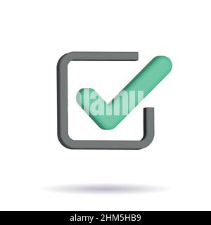 Green check mark 3d vector icon. Agreement symbol of user approval. Positive online voting and successful testing. Stock Vector