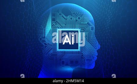 Ai woman face with circuit. Artificial intelligence chatbot. Big Data and Data Science. Stock Vector