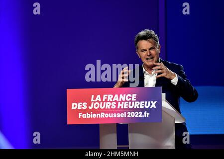 Marseille, France. 06th Feb, 2022. French Communist Party (PCF) presidential candidate Fabien Roussel delivers a speech during his first campaign rally in Marseille.Fabien Roussel, candidate of the French Communist Party (PCF), chose Marseille for his first campaign rally in the French presidential election. Credit: SOPA Images Limited/Alamy Live News Stock Photo