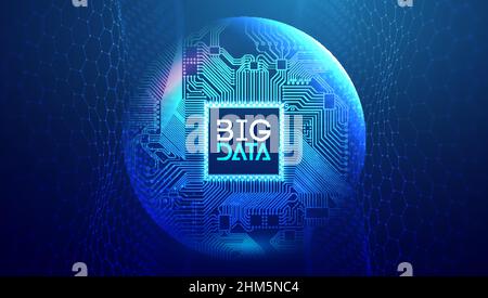 Electronic circuit board in sphere shield. Big Data and Data Science Blue technology network vector illustration with hexagonal wave background. Stock Vector