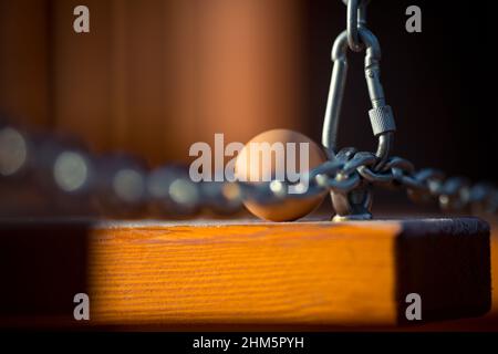 Freshly picked eggs on wooden base with frost in winter. Close-up Stock Photo