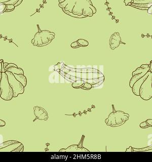 Seamless pattern with vegetables. Linear hand drawings Pumpkin, striped zucchini with squash vegetables on light green background. Vector illustration Stock Vector