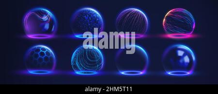 Sphere shield abstract energy protection spheres. Force field defence globe shell. Dome barrier technology vector set. Stock Vector