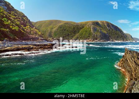 Tsitsikamma National Park is a protected area in South Africa's Cape province. It is a coastal reserve with indigenous forests and dramatic coastline. Stock Photo