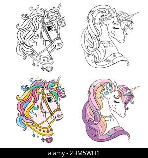 Set of two cartoon unicorns heads. Monochrome with colorful template. Vector illustration. For coloring, postcard, posters, design, cards, stickers,ro Stock Vector
