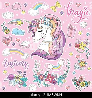 Set of dreaming cartoon unicorn, flowers, lettering and magic elements. Vector isolated illustration. For sticker pack, print, posters, design, decor, Stock Vector