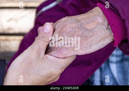 A mature woman holds her elderly mother's hand as they sit on a bench Stock Photo