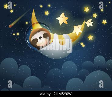 Sloth Cosmonaut Sleeping on Golden Moon Wallpaper Stock Vector