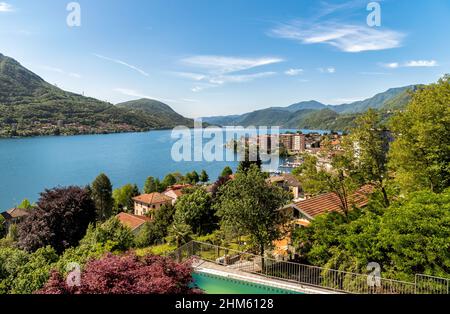 Landscape of Lake Orta from above of Omegna, located in the province of Verbano-Cusio-Ossola, Piedmont, Italy Stock Photo