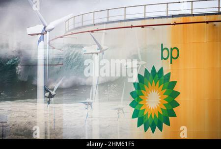 BP oil, fuel storage tanks. Concept image for fossil fuels, North Sea gas/oil, renewables, climate change, net zero 2050, oil industry profits... Stock Photo