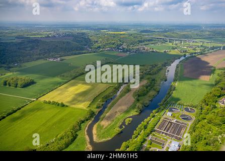 Aerial view, Untere Kettwiger Ruhraue, Mintarder Ruhrtalbrücke, river Ruhr, Kettwig, Essen, Ruhrgebiet, North Rhine-Westphalia, Germany, motorway A52, Stock Photo