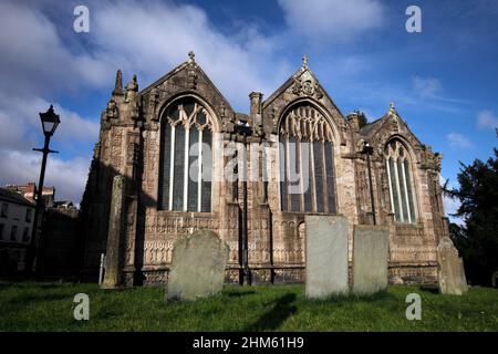 The Parish Church of Launceston in Cornwall is St Mary Magdalene. Known for the many intricate stone carvings on the outer walls of the church. Stock Photo