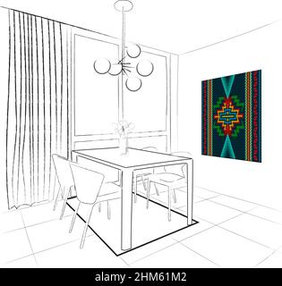 Graphic drawing of the interior in the style of minimalism. With the use of national ornament in the interior. Stock Vector