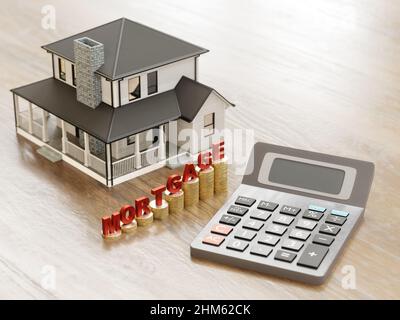 3D rendering of miniature residential house, Mortgage word place on piles of coins and calculator Stock Photo