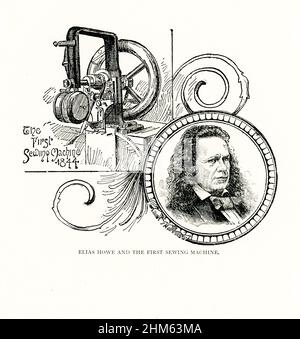 The caption for this 1891 images reads: Eliza Howe and the First Sewing Machine. Elias  (also spelled eliza) Howe Jr. (1819 –1867) was an American inventor best known for his creation of the modern lockstitch sewing machine. Stock Photo