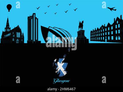 Glasgow city skyline silhouette - illustration,  Town in black background,  Map of Scotland Stock Vector