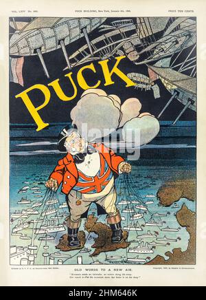 An early 20th century American Puck Magazine  cover with a cartoon showing John Bull, standing with one foot on England and the other on Ireland, holding strings attached to many warships which encircle the United Kingdom, while menacing armed aircraft fly overhead. Stock Photo