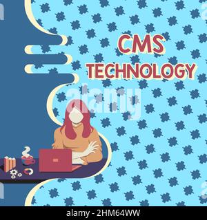 Handwriting text Cms Technology. Business idea programs that are used to create and manage digital content Woman Sitting Using Laptop Online Session Stock Photo